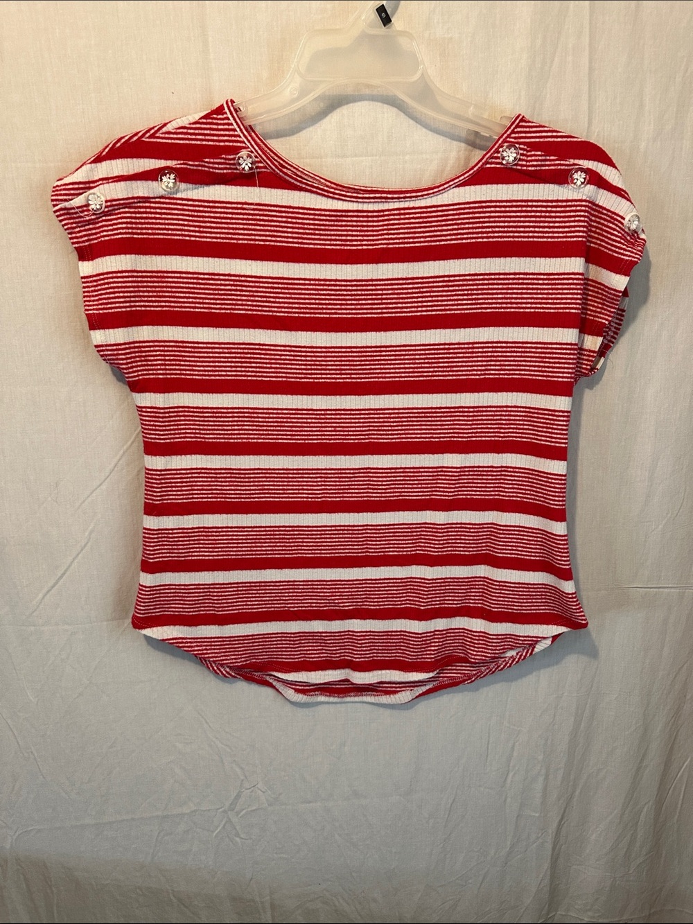 Simply Irresistible Red and White Striped Short Sleeve Top with Button Accents